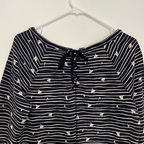 T BY TALBOTS Long Sleeve Mixed Print Dress Navy Blue Cream Striped Floral Cotton - Picture 10 of 11